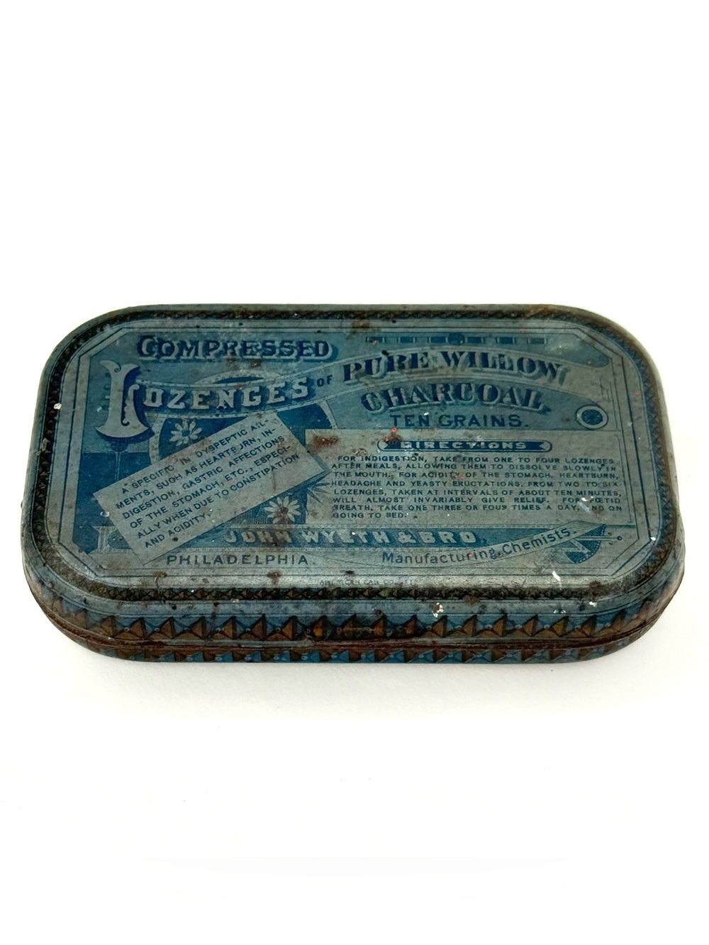 RARE Antique John Wyeth & Bro Willow Charcoal Lozenges Tin Philadelphia 1901 VTG